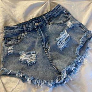 Bleached Wash Raw Hem Ripped Denim Shorts